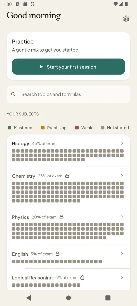 Home — your five subjects, each sized by its real exam weight.