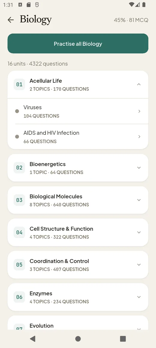 4,300+ Biology questions, organised into units and topics.