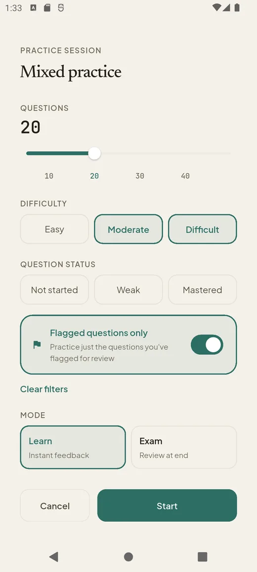 Build a session — pick difficulty, target weak topics, learn or exam mode.