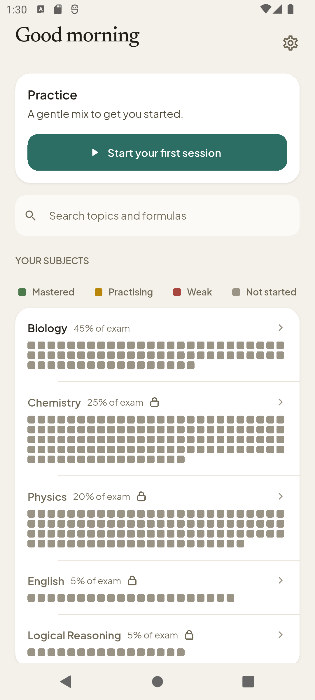 Home — your five subjects, each sized by its real exam weight.