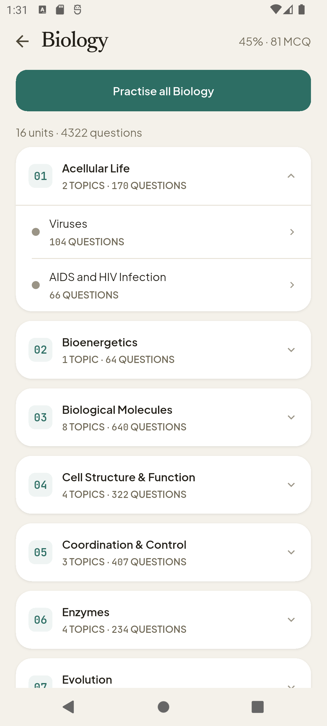 4,300+ Biology questions, organised into units and topics.